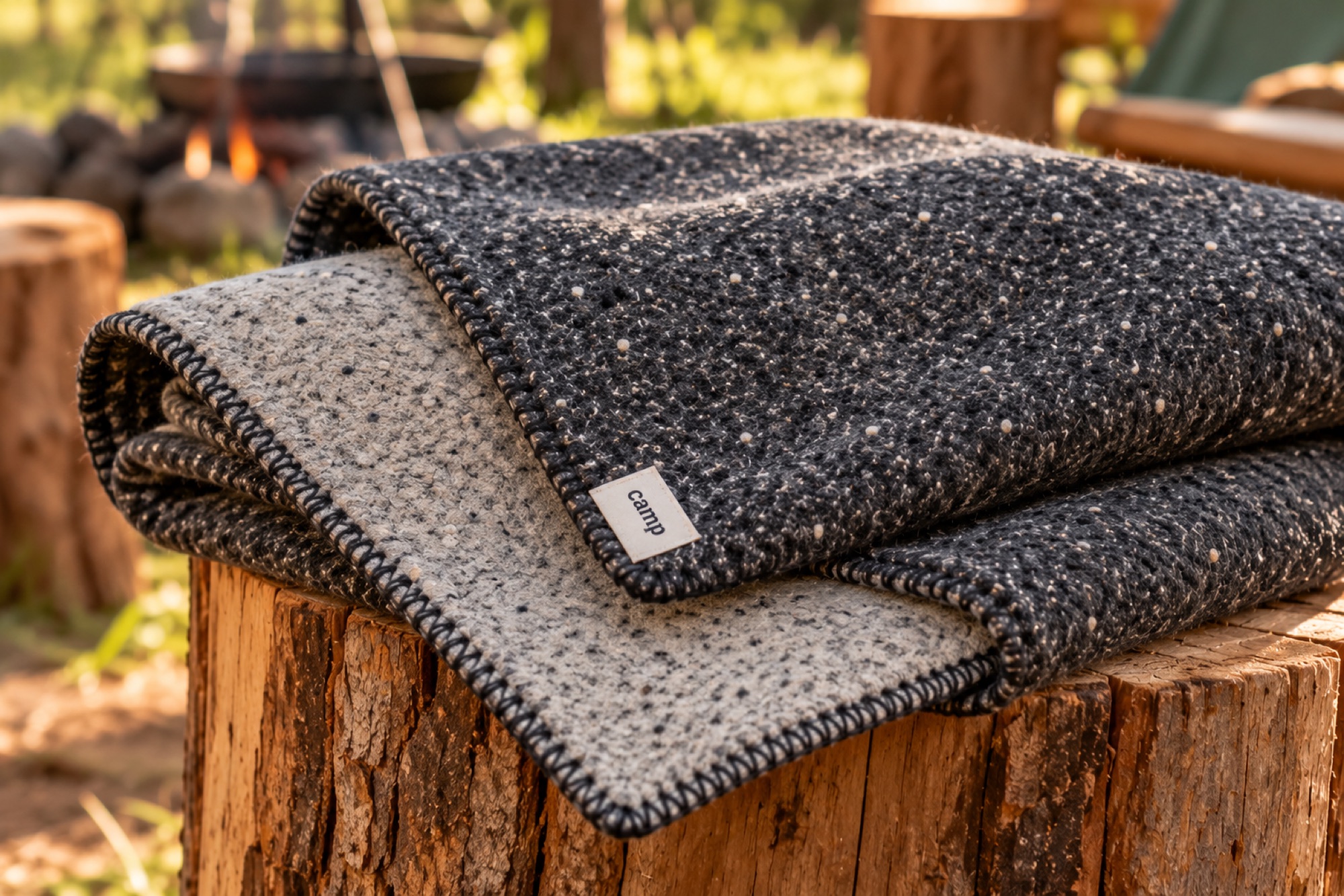 Blanket folded on a tree stump showing both sides, charcoal and light grey, with a stitched label