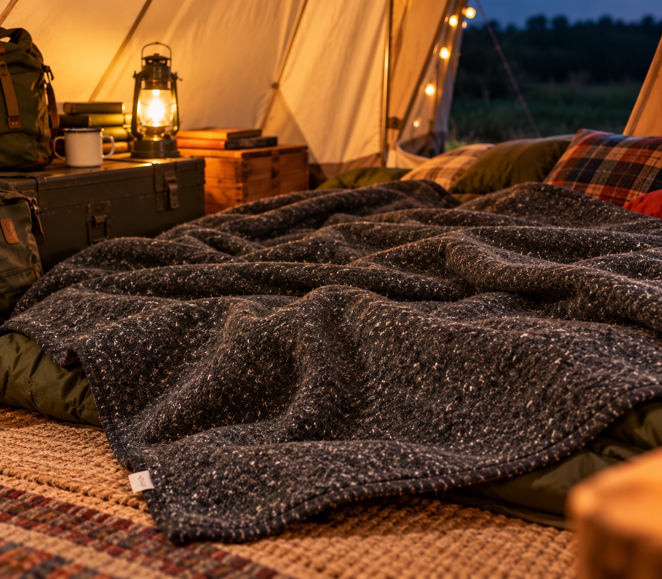 Charcoal blanket flecked with cream, laid over a sleeping bag inside a lantern-lit bell tent