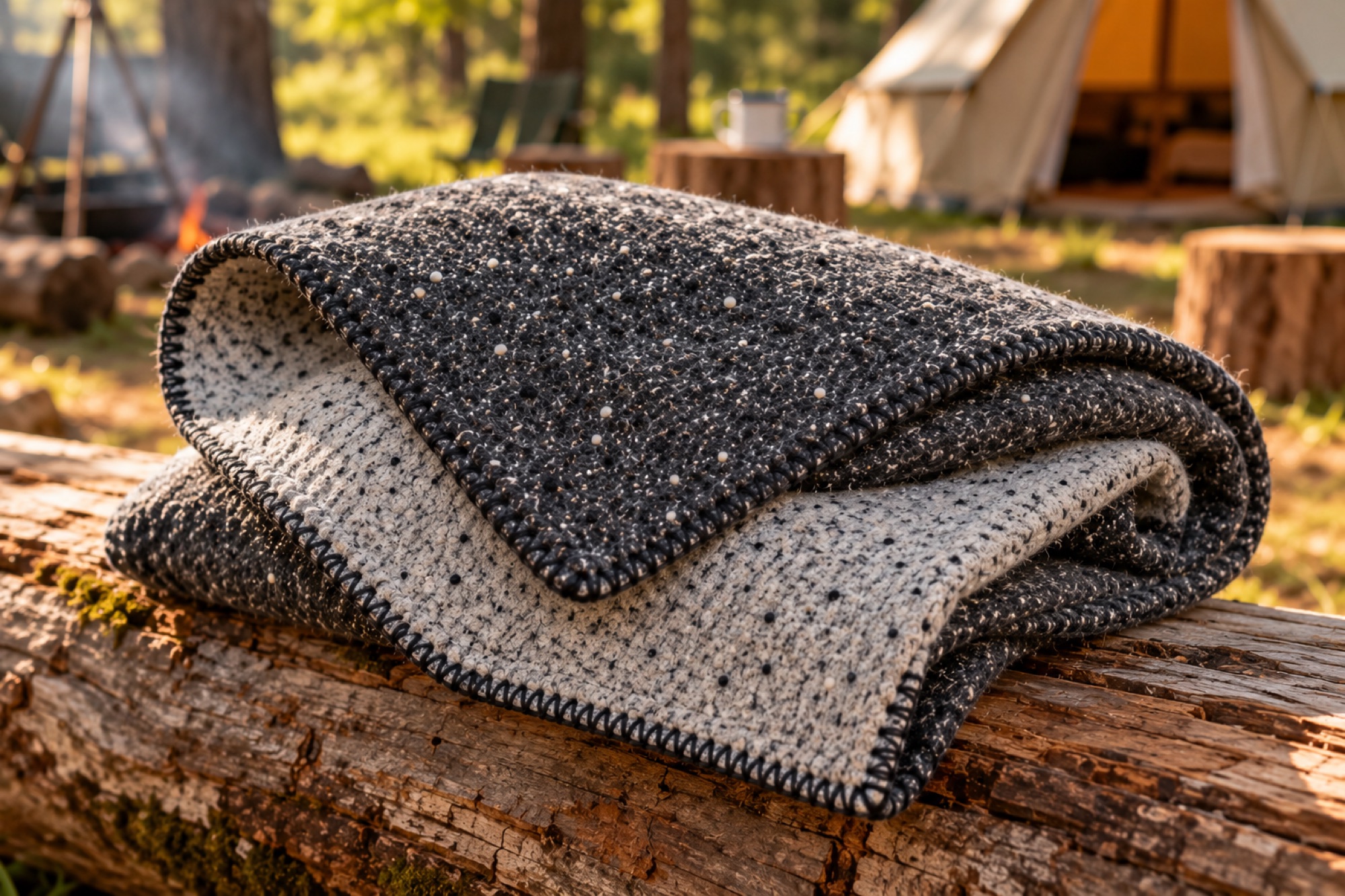 Charcoal blanket folded on a fallen log, the cream reverse showing, with a bell tent behind