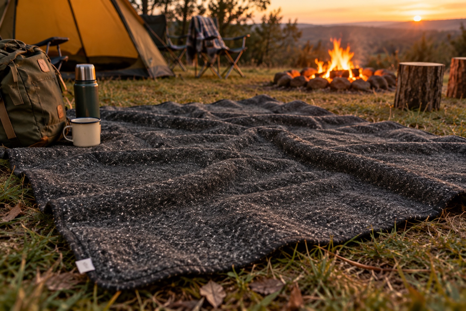 Charcoal blanket flecked with cream, spread on the grass at camp with a flask and enamel mug, a tent and campfire behind