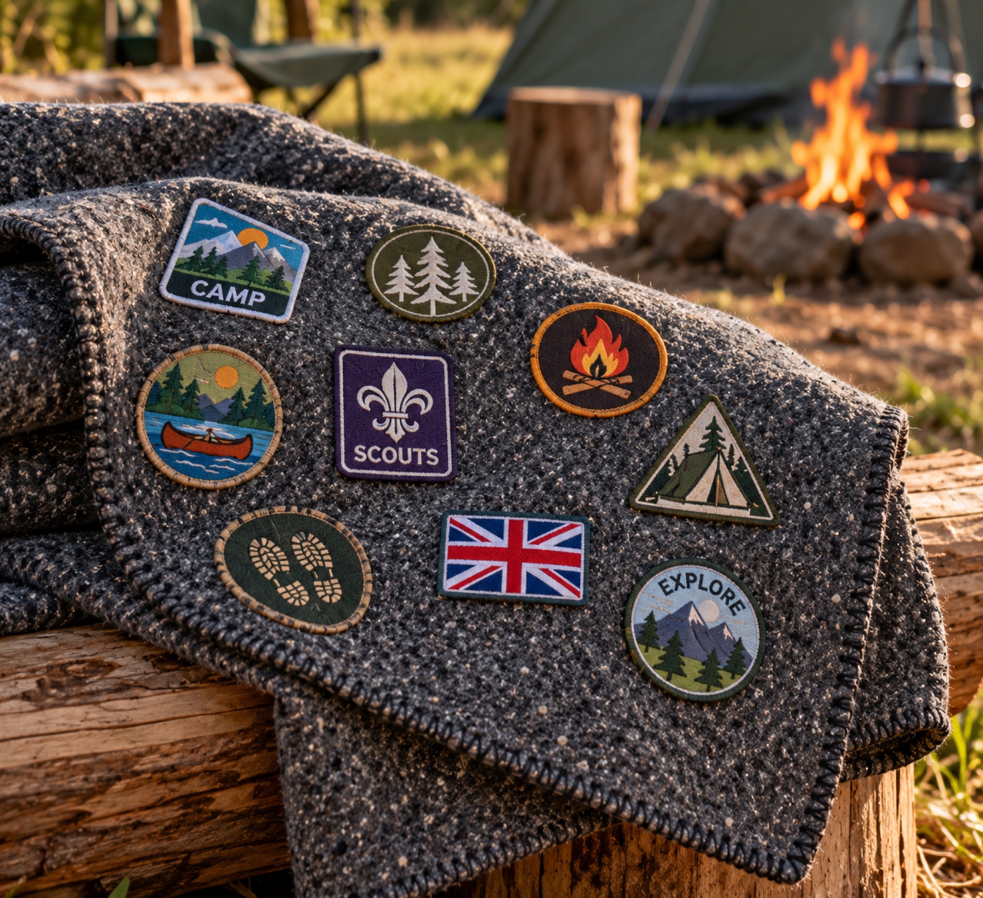 Charcoal blanket over a log at camp with Scout and camp badges sewn on, a campfire burning behind