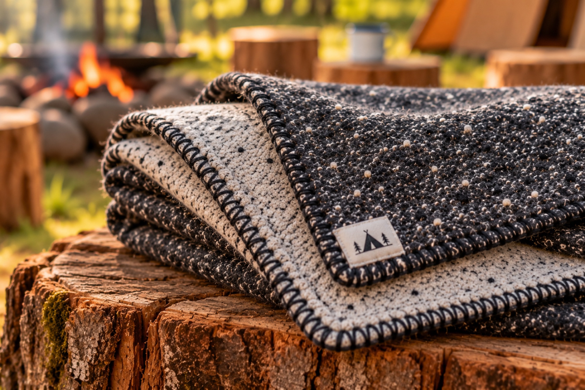Folded charcoal and cream blanket on a tree stump, showing the black blanket-stitch edge and a small tent label, with a campfire behind