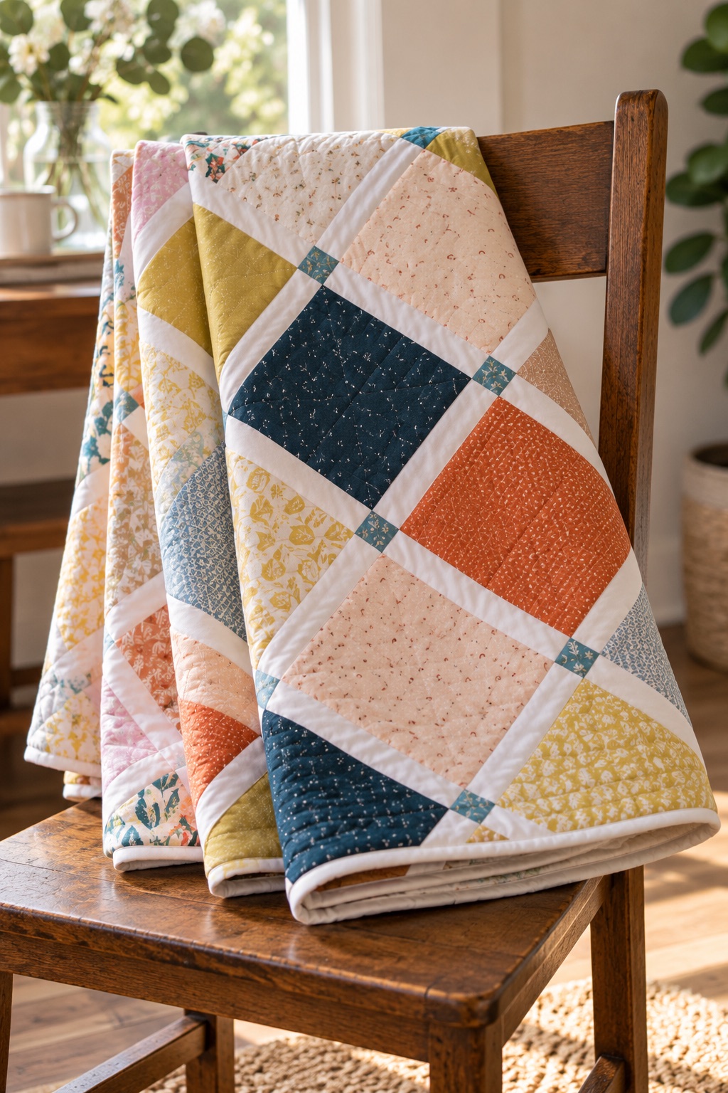 Quilt of on-point squares in peach, navy, rust and mustard prints, set with white sashing and small blue cornerstones, draped over a wooden chair