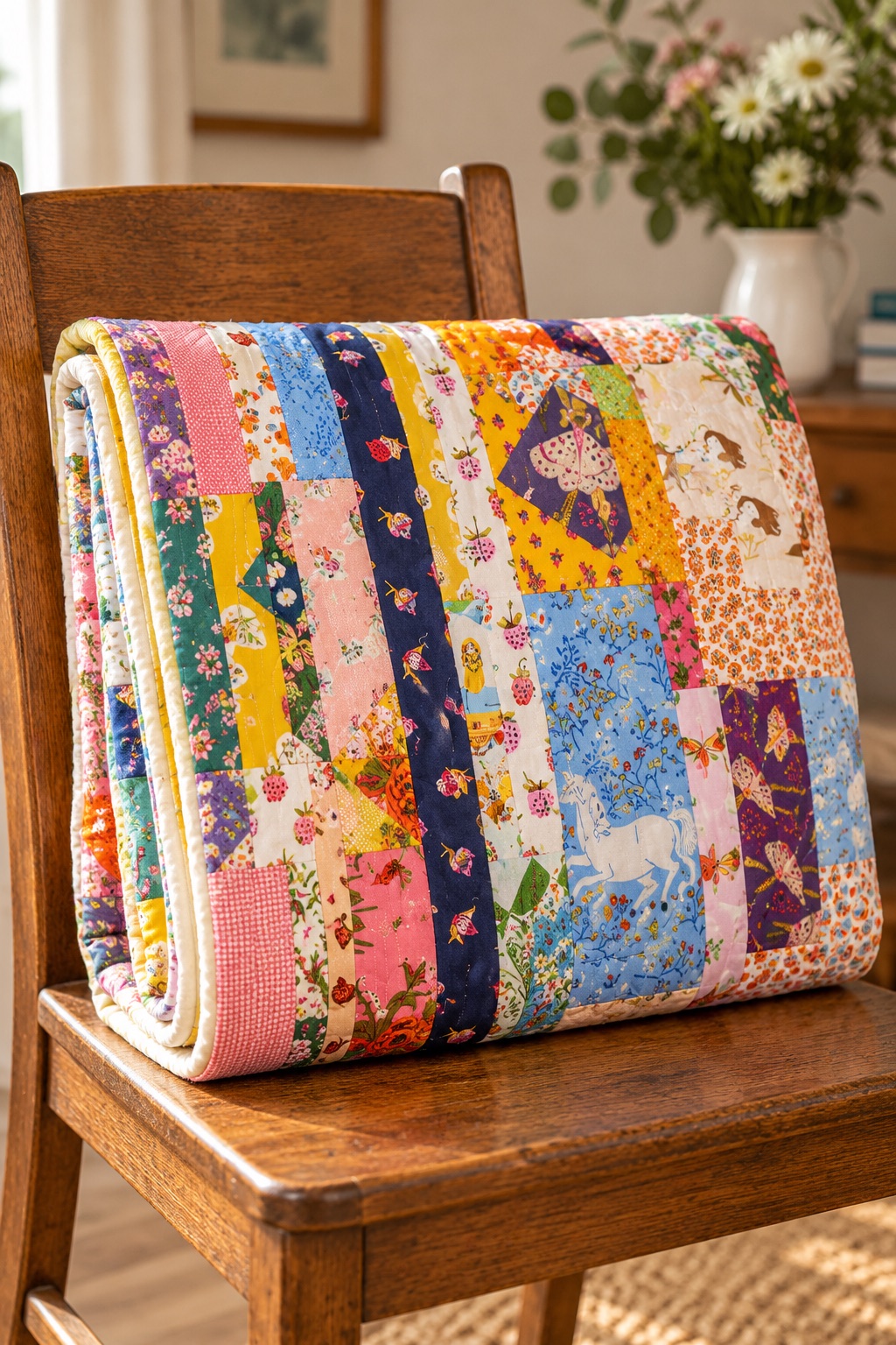 Patchwork quilt in bright printed cottons, including butterflies, strawberries and a white horse, folded on the seat of a wooden chair