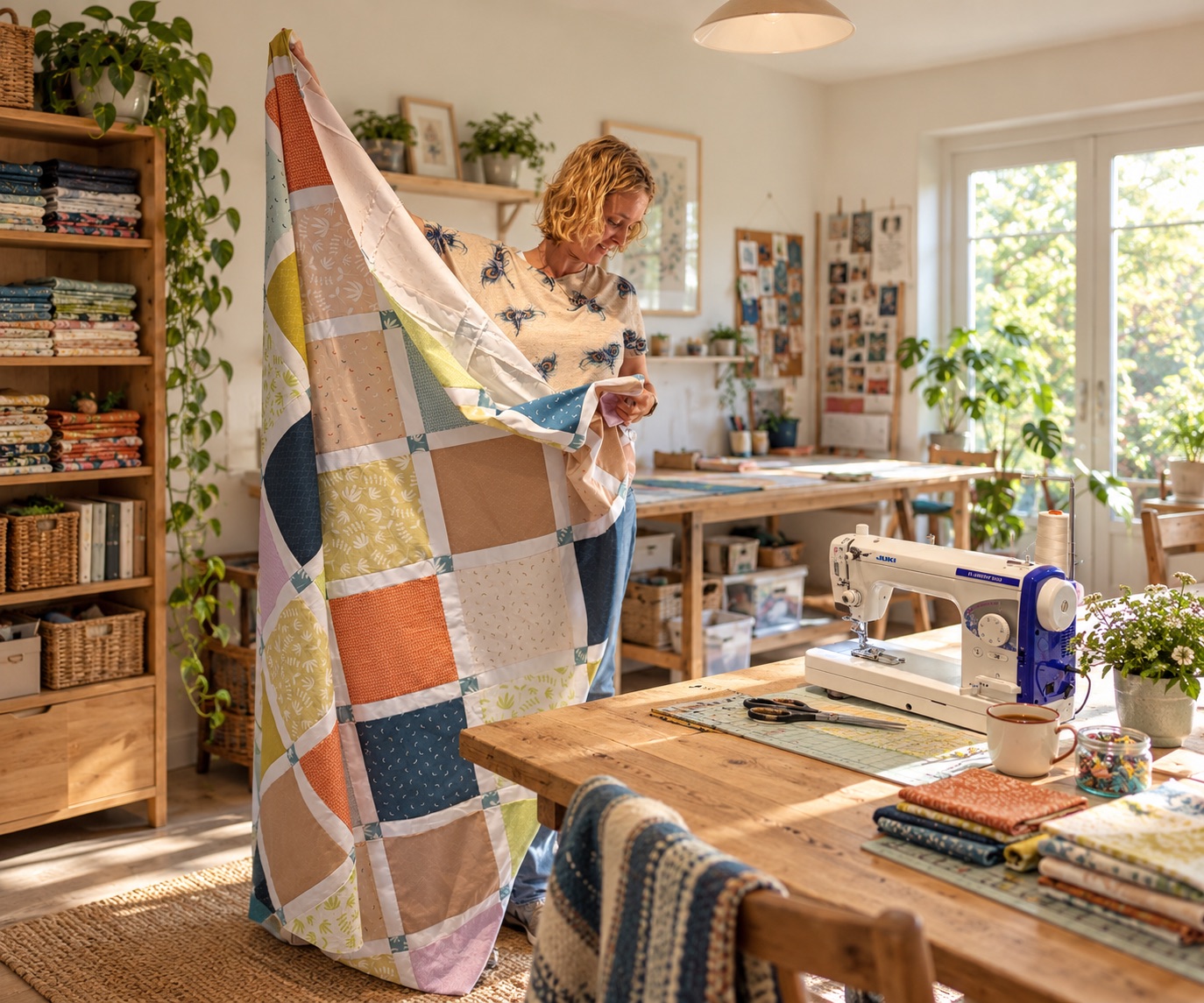 A maker holding up a finished quilt of peach, navy, orange and yellow squares in a sunlit workshop, with shelves of folded fabric and a sewing machine on the table