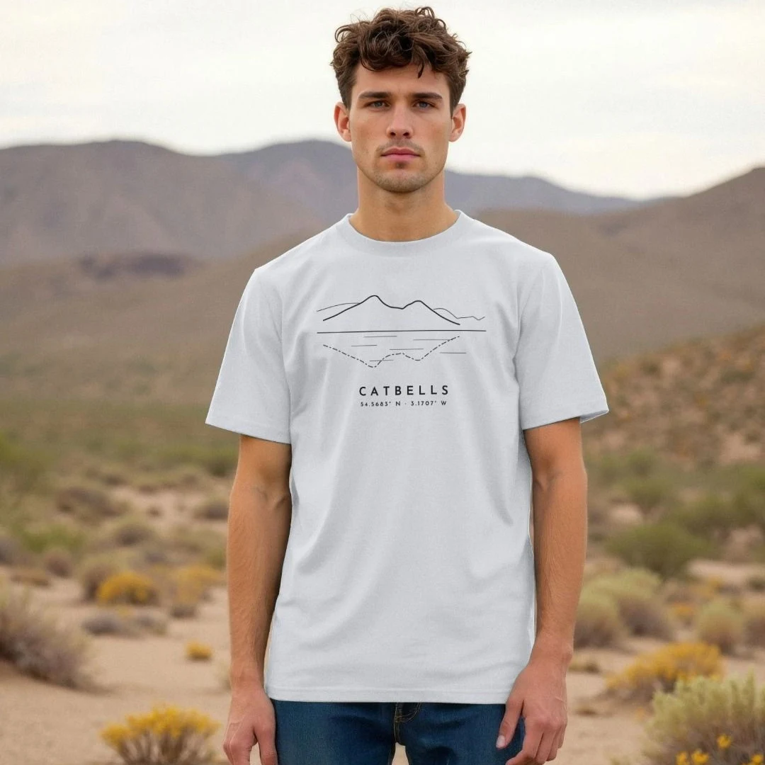 White T-shirt with a fine black line drawing of the Catbells skyline reflected in the lake below, with the name and coordinates underneath