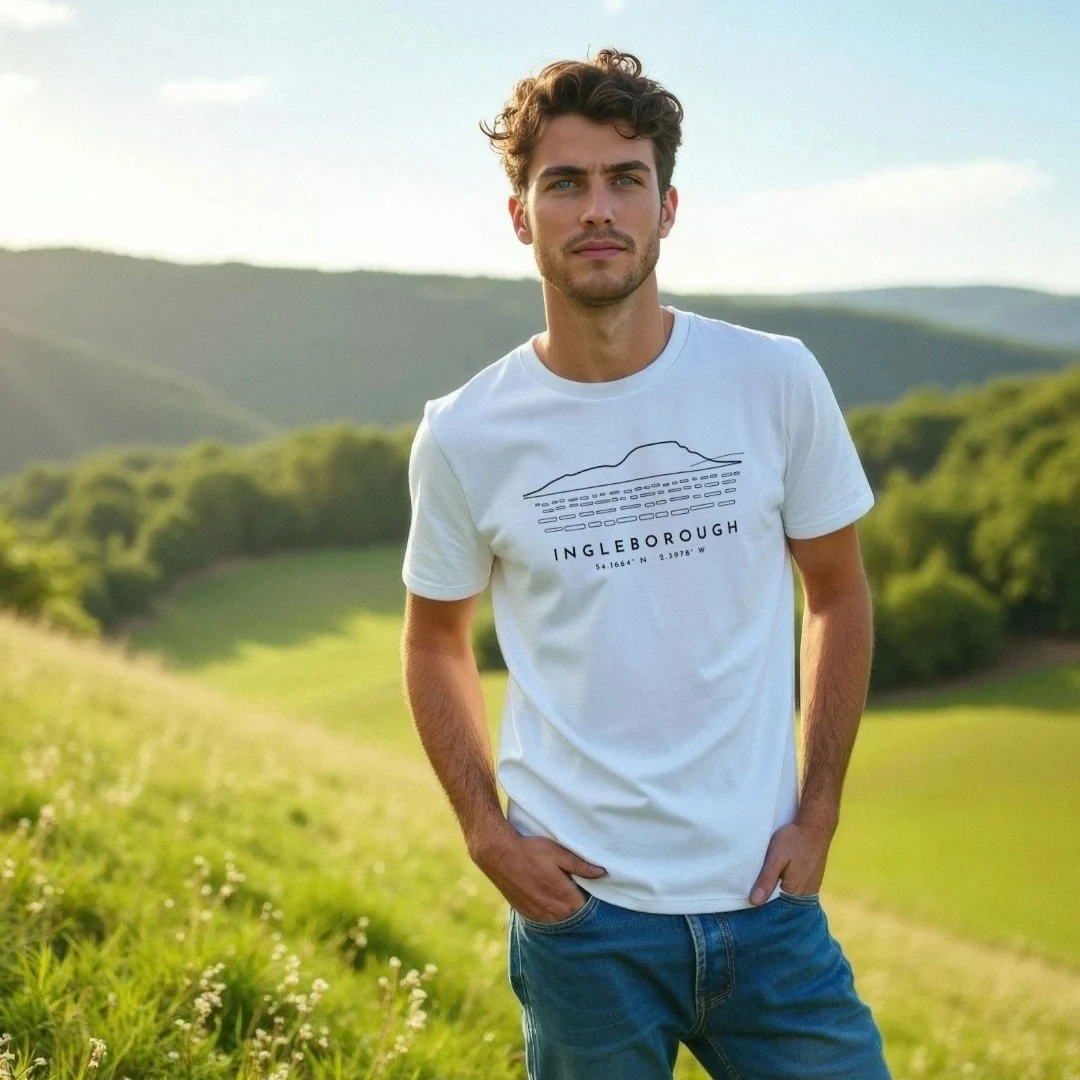 White T-shirt with a fine black line drawing of Ingleborough's flat-topped skyline above a limestone pavement, with the name and coordinates underneath