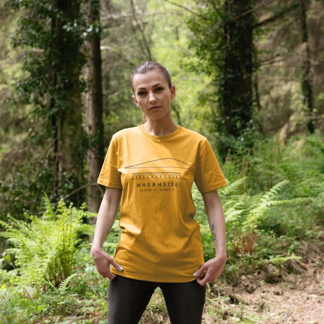 Mustard-yellow T-shirt with a fine black line drawing of Whernside above the arches of the Ribblehead Viaduct, with the name and coordinates underneath